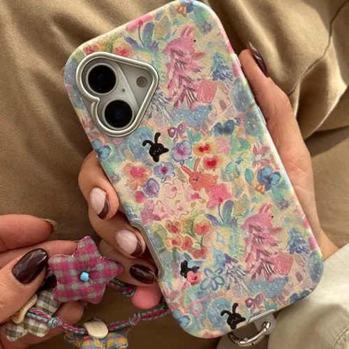 قاب موبایل آیفون خرگوش واندرلند + بندست گل پارچه ایC006781