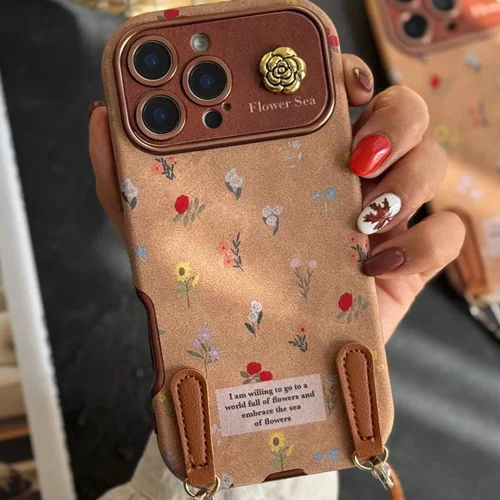 قاب موبایل آیفون گل دریایی جیر سنگشور قهوه ای + بند ستC006970