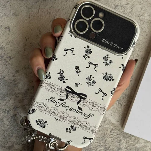 قاب موبایل آیفون بلک رز پاپیون ریز مشکی + بند پاپیون نگین دارC006435