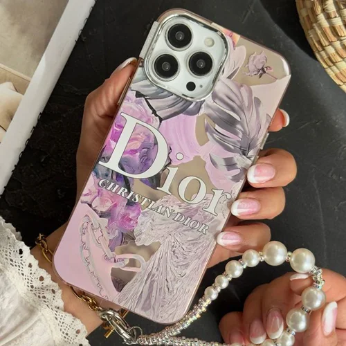 قاب موبایل آیفون مدل دیور صورتی با طرح برگ انجیری + بند ست C006629