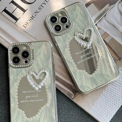 قاب موبایل آیفون قلب رمانتیک آیینه ای نگین دار  C005215