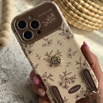 قاب موبایل آیفون گل ویکتورین استایل قهوه ای + بند ست چرمی C006221