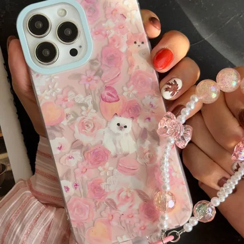 قاب موبایل آیفون کت گاردن گربه سفید صورتی + بندستC006714