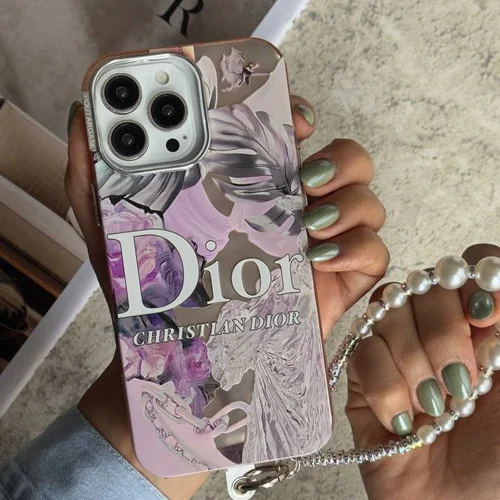 قاب موبایل آیفون مدل دیور صورتی با طرح برگ انجیری + بند ست خاص و فانتزیC006270