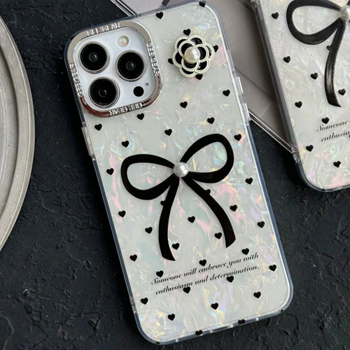 قاب موبایل آیفون پاپیون بزرگ تک مروارید قلب ریزC005517