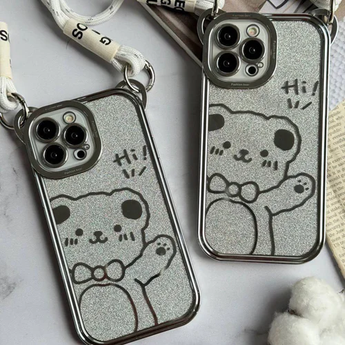 قاب موبایل آیفون سلام خرسی شایانی نقره ای + بند بلند آویزC005005