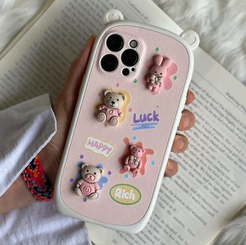 قاب موبایل آیفون خرگوش و خرس گوش قلبی برجسته محافظ لنز دارC000590