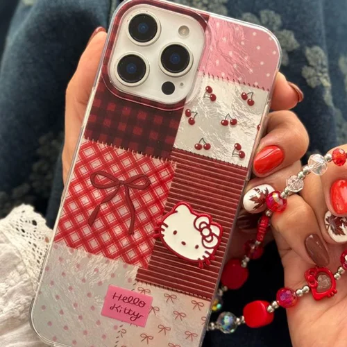 قاب موبایل آیفون کیتی چری آلبالویی پاپیون دار + بندستC006673