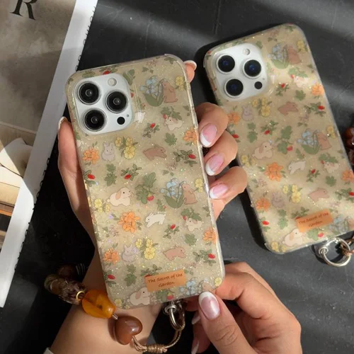 قاب موبایل آیفون خرگوش باغ جادویی + بندست مخملی C006623