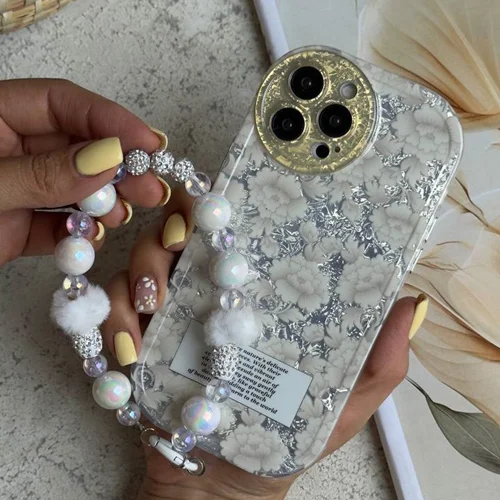 قاب طرح گل مستر پیس سفید نقره‌ای + بندست مخملیC006300