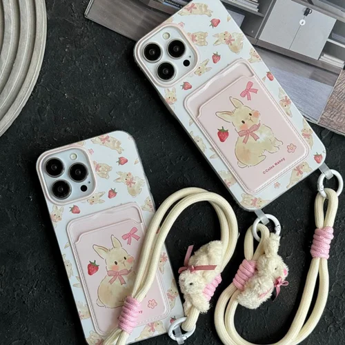 قاب موبایل آیفون خرگوش پاپیون صورتی بند عروسکی جاکارتیC005628