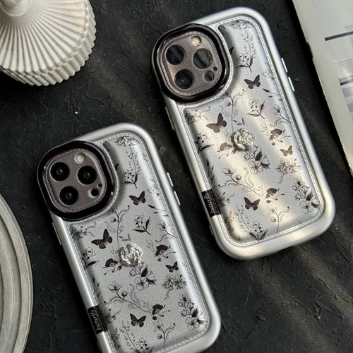 قاب موبایل آیفون پروانه و گل ریز نقره ایC005510